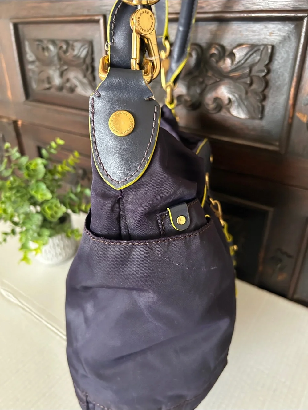 Marc Jacobs Nylon Navy Blue Shoulder Bag with Yellow Trim